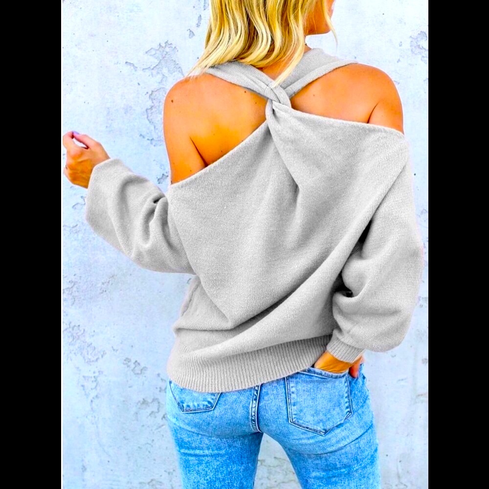 ❌LAST 1❌V-Neck Cross-Straps Loose Grey Sweater - Picture 4 of 6